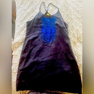 Roberta Roller Rabbit Black Linen Dress with Blue Embroidery, Size L